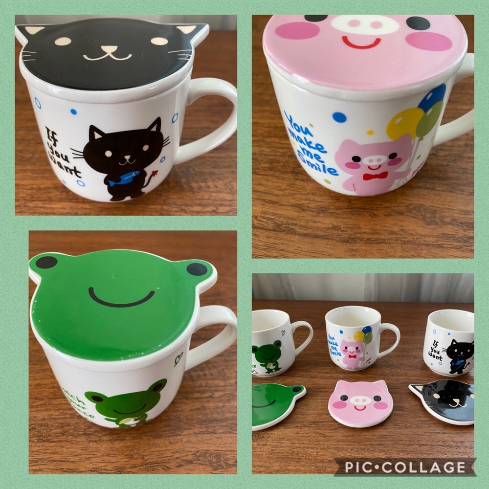 Daiso Japan set of three mugs, frog, cat and pig